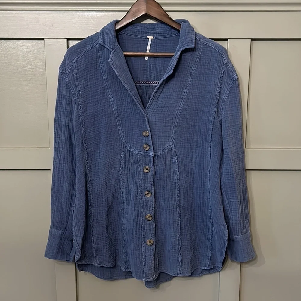 FREE People All About The Feels Button Up Shirt 100% Cotton Gauze Blue Size XS